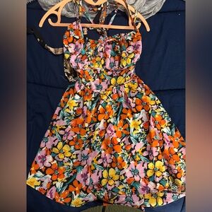 Boho Floral Open Back Romper Multicolor Halter Style Size L NWOT